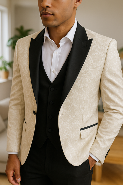 Hafsoit Mode – Costume homme ivoire brocart à col satiné noir – Tenue de cérémonie élégante  Pourquoi ce titre est idéal :