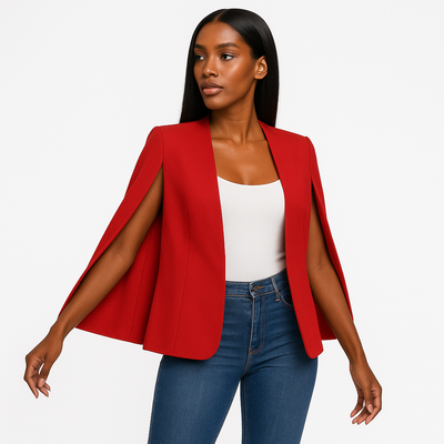 Femme portant un blazer cape rouge avec un top blanc et un jean.