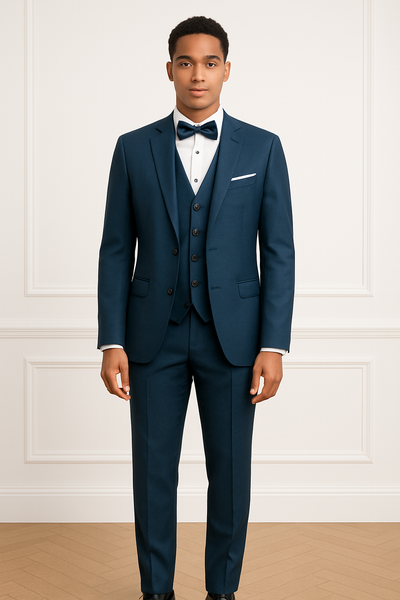 Costume 3 pièces slim fit bleu indigo pour homme, vue de face avec veste fermée.
