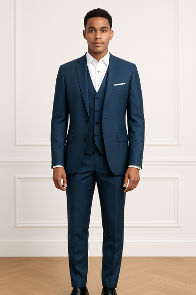 Costume 3 pièces slim fit bleu indigo avec veste ouverte, montrant la doublure intérieure.