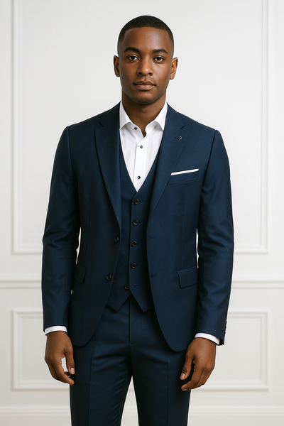 Costume 3 pièces slim fit bleu indigo  veste ouvert, gilet et pantalon assortis .