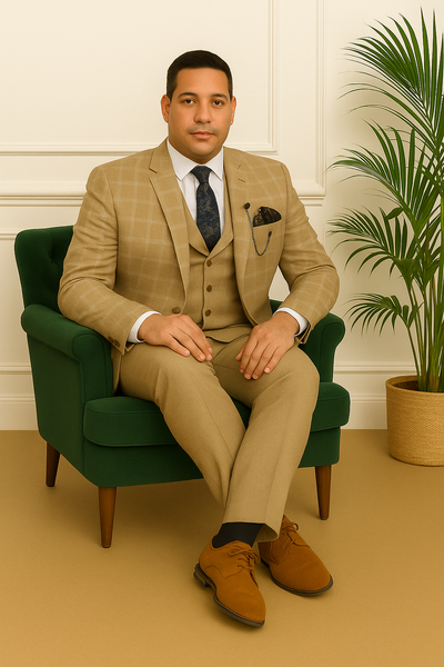 Costume trois pièces beige à carreaux – homme assis avec allure élégante sur fauteuil vert