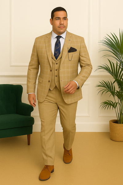 Costume beige doré à carreaux – homme élégant marchant vers l’avant