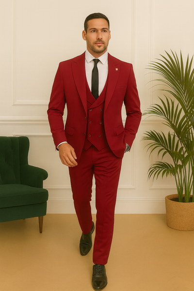 Costume rouge bordeaux élégant pour homme – mannequin marchant vers l’avant avec confiance
