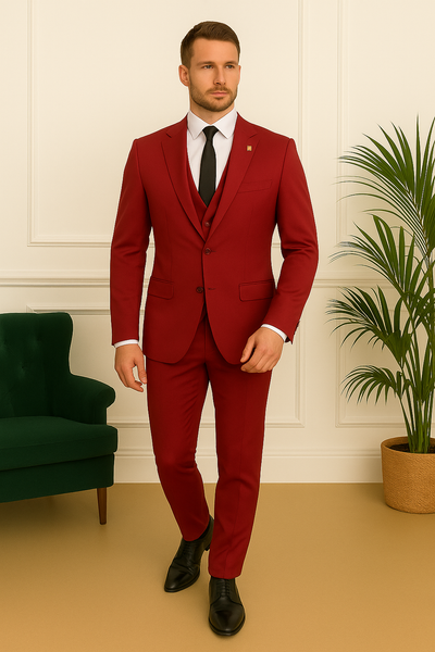 Costume trois pièces rouge bordeaux pour homme – vue de face avec veste fermée et allure assurée