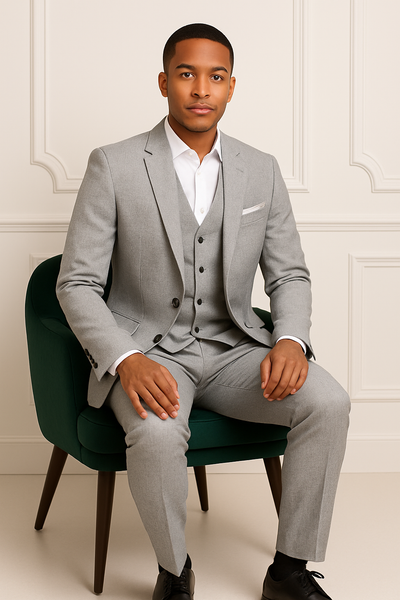 Costume homme 3 pièces gris clair SUITMEN Slim Fit – mannequin assis sur un fauteuil