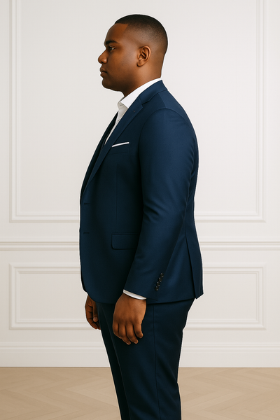 Costume homme slim fit bleu foncé, vue de profil en pied, coupe moderne.