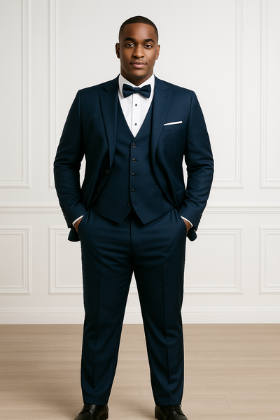 Costume slim fit bleu foncé, avec nœud papillon et mains dans les poches.