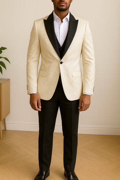 Costume homme ivoire brocart à col noir – veste fermée, coupe cintrée, style cérémonie élégant.