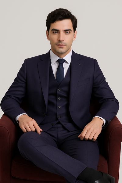 Homme assis en costume SlimFit bleu nuit – Hafsoit Mode