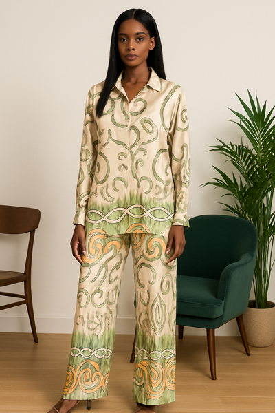 Femme portant un ensemble en satin beige à motifs verts et orangés, vue de face, avec chemise longue et pantalon fluide.
