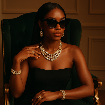 Collection de bijoux femme élégants en doré, colliers, boucles d’oreilles, bagues et bracelets de luxe pour mariage et cérémonie