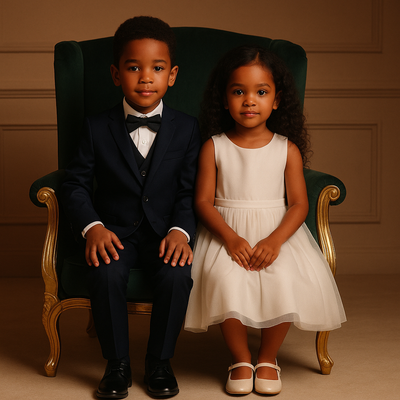 Collection de tenues de cérémonie enfants, avec costumes élégants pour garçons et robes blanches pour filles, parfaits pour mariage et occasions spéciales.