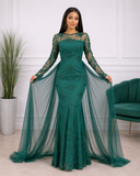 Robe de soirée longue sirène à strass et manches transparentes