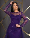 Robe de soirée longue sirène à strass et manches transparentes