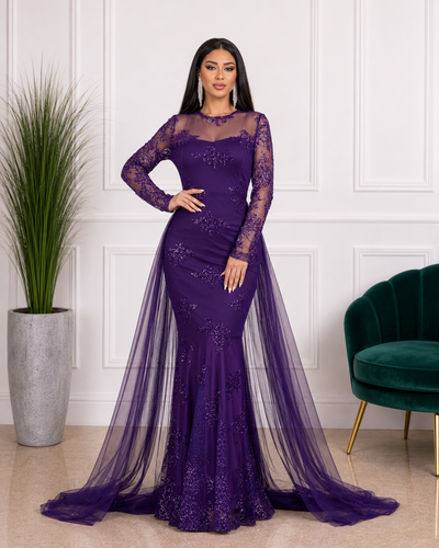 Robe de soirée longue sirène à strass et manches transparentes