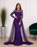 Robe de soirée longue sirène à strass et manches transparentes