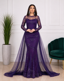 Robe de soirée longue sirène à strass et manches transparentes