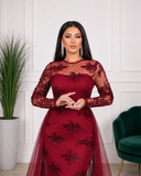 Robe de soirée longue sirène à strass et manches transparentes
