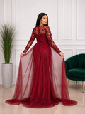 Robe de soirée longue sirène à strass et manches transparentes