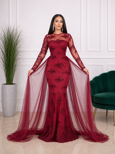 Robe de soirée longue sirène à strass et manches transparentes