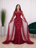 Robe de soirée longue sirène à strass et manches transparentes