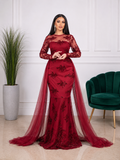 Robe de soirée longue sirène à strass et manches transparentes