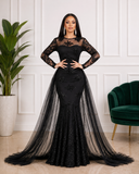 Robe de soirée longue sirène à strass et manches transparentes