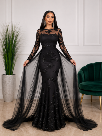 Robe de soirée longue sirène à strass et manches transparentes