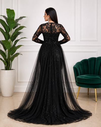 Robe de soirée longue sirène à strass et manches transparentes
