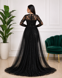 Robe de soirée longue sirène à strass et manches transparentes