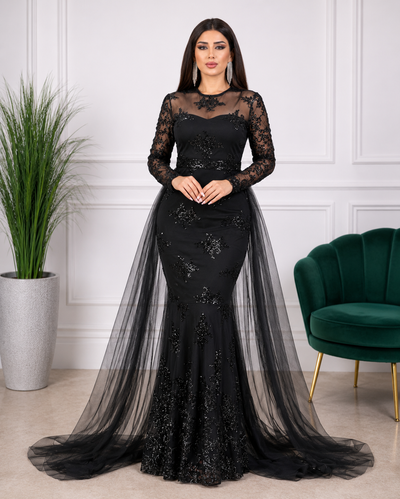 Robe de soirée longue sirène à strass et manches transparentes