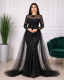 Robe de soirée longue sirène à strass et manches transparentes
