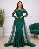 Robe de soirée longue sirène à strass et manches transparentes
