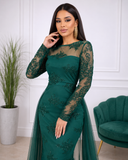 Robe de soirée longue sirène à strass et manches transparentes