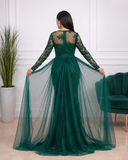 Robe de soirée longue sirène à strass et manches transparentes