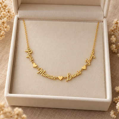 Collier personnalisé 4 ou 5 prénoms avec cœurs – Acier inoxydable