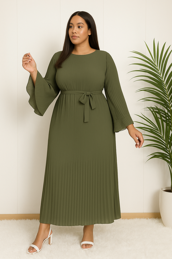 Hafsoit Mode – Robe longue plissée à manches évasées – Élégance fluide – Taille unique (36–46) – Rose ou Vert Olive