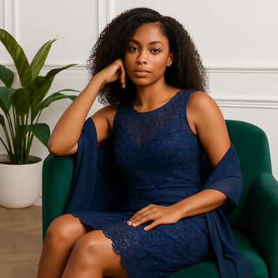 Robe de cocktail bleu marine avec châle – Dentelle perlée élégante