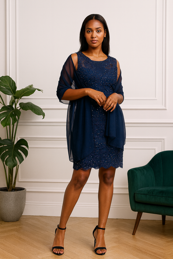Robe de cocktail bleu marine avec châle – Dentelle perlée élégante