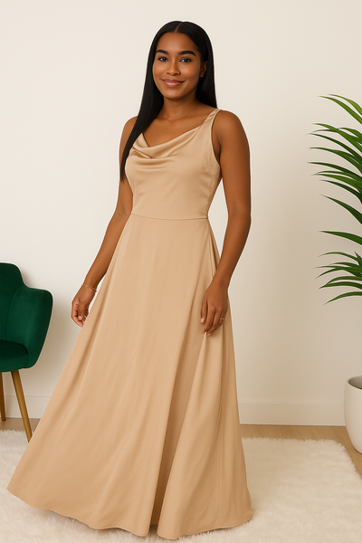Hafsoit Mode – Robe longue fluide satinée camel – Bretelles fines croisées – Robe élégante soirée, mariage ou gala
