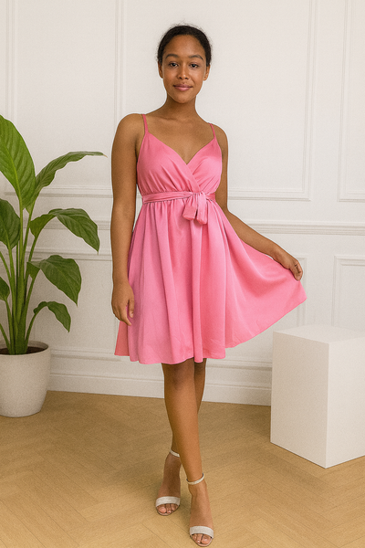 Robe courte fluide à bretelles – Décolleté croisé et nœud à la taille – Tenue d’été chic et féminine | Hafsoit Mode