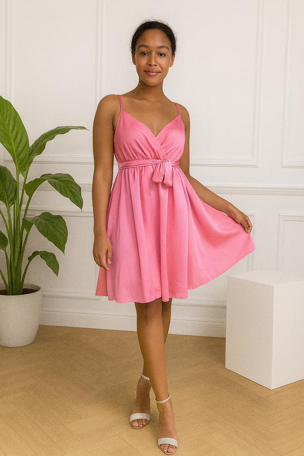 Robe courte fluide à bretelles – Décolleté croisé et nœud à la taille – Tenue d’été chic et féminine | Hafsoit Mode