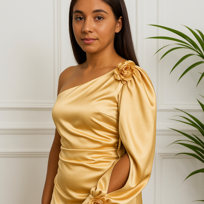Robe longue satinée à une manche – Dorée