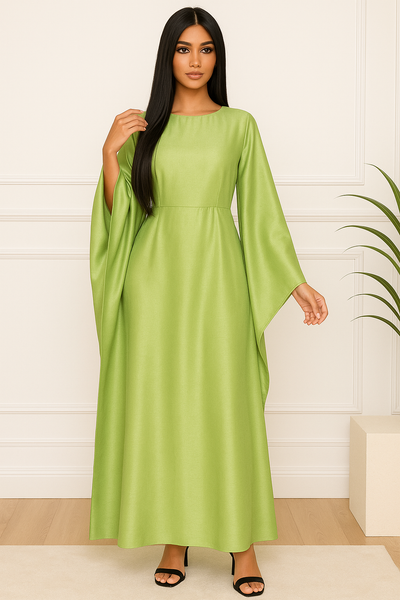 Abaya papillon vert lime brillante, coupe ample Hafsoit Mode.