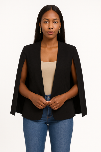Femme portant un blazer cape noir élégant avec un top beige et un jean.