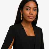 Femme portant un blazer cape noir avec un top noir et un jean.