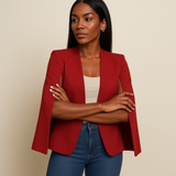 Femme chic portant un blazer cape rouge, bras croisés, look moderne.
