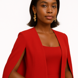 Portrait d’une femme en blazer cape rouge élégant avec bijoux dorés.