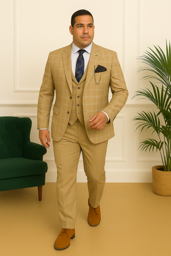 Costume beige doré à carreaux – homme élégant marchant vers l’avant